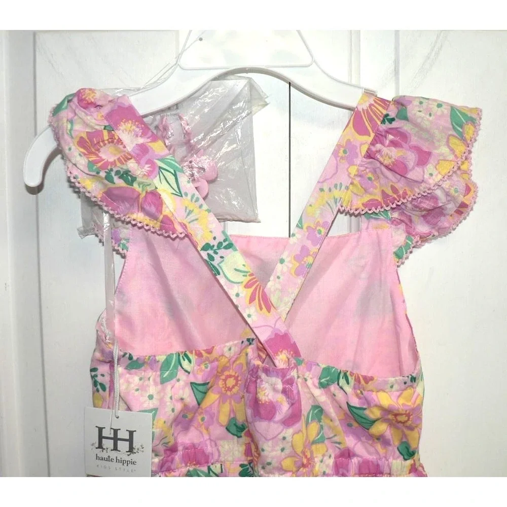 Haute Hippie Girls Square Neck Flutter Sleeve Floral Print Dress‎ & Hair Clip 12